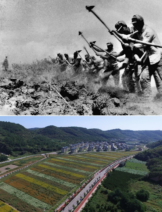 △這是一張拼版照片，上圖為：抗日戰(zhàn)爭期間，八路軍三五九旅在南泥灣開荒生產(chǎn)（資料照片）；下圖為：2020年8月25日拍攝的延安南泥灣景色（祁小軍 攝）。