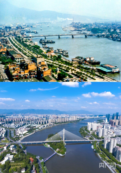  閩江兩岸發(fā)展對比圖。上圖：上世紀(jì)80年代末的福州南北江濱（央廣網(wǎng)發(fā) 楊婀娜 攝）下圖：今日之福州閩江兩岸，高樓林立，風(fēng)景秀美（央廣網(wǎng)發(fā) 陳捷陽 攝）
